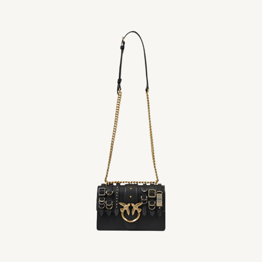 "Pinko black leather women's bag with magnetic fastening, inside pockets, and leather lining, spring/summer collection."