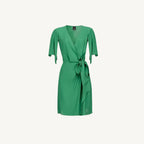 Green Pinko women’s dress with short sleeves, low-cut V-neck, lace fastening, and plain design – Spring/Summer collection.