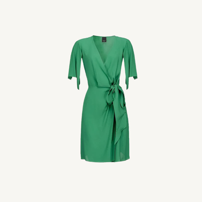 Green Pinko women’s dress with short sleeves, low-cut V-neck, lace fastening, and plain design – Spring/Summer collection.