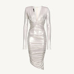 White Pinko women’s dress with long sleeves, V-neckline, zip fastening, and plain design – Spring/Summer collection.