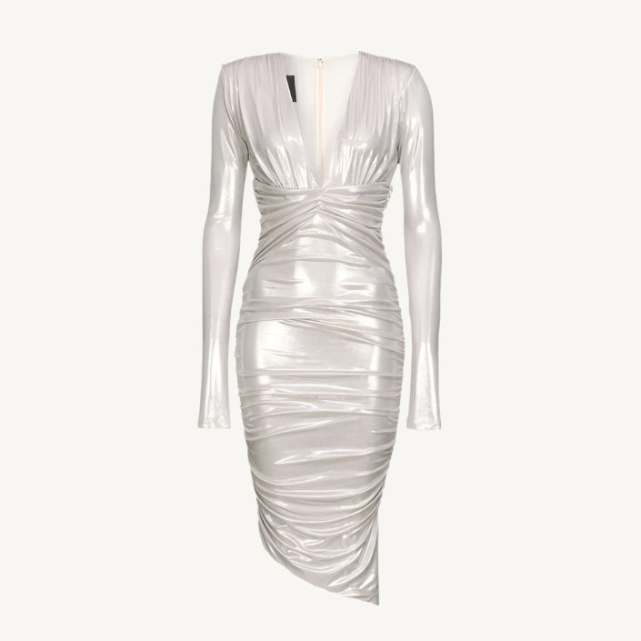 White Pinko women’s dress with long sleeves, V-neckline, zip fastening, and plain design – Spring/Summer collection.