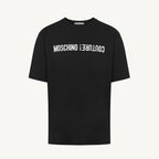 "Moschino men’s black printed T-shirt with short sleeves and round neck – 100% cotton, ideal for fall/winter layering."