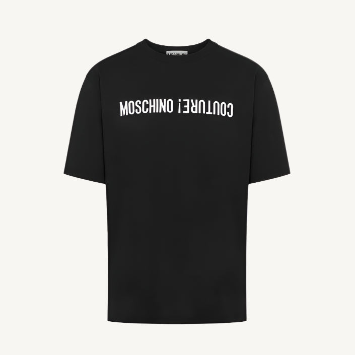 "Moschino men’s black printed T-shirt with short sleeves and round neck – 100% cotton, ideal for fall/winter layering."