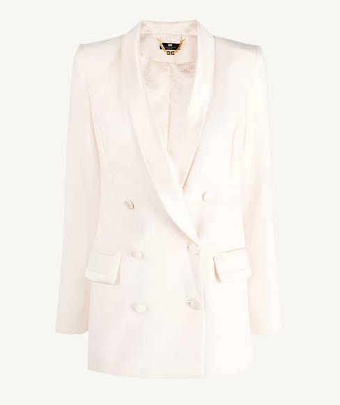 "White Elisabetta Franchi women's blazer with lapel collar, v-neckline, long sleeves, and front pockets – perfect for chic spring/summer looks."
