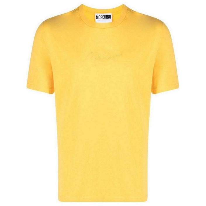 "Moschino men’s yellow T-shirt with short sleeves and round neck – lightweight 100% cotton for spring/summer."