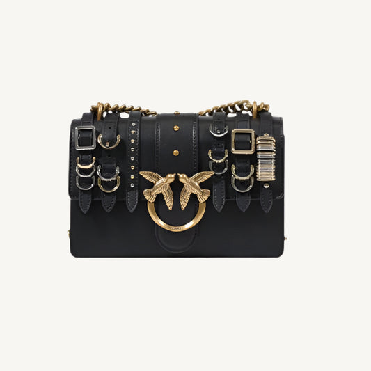 "Pinko black leather women's bag with magnetic fastening, inside pockets, and leather lining, spring/summer collection."