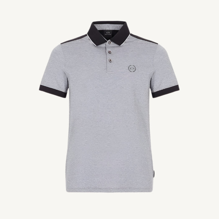 "Armani Exchange men’s black cotton polo shirt with button fastening, short sleeves, and classic polo collar – spring/summer style."