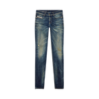 Diesel blue jeans with a raw denim finish, styled flat to show rugged texture and authentic edge — bold design with confident attitude.