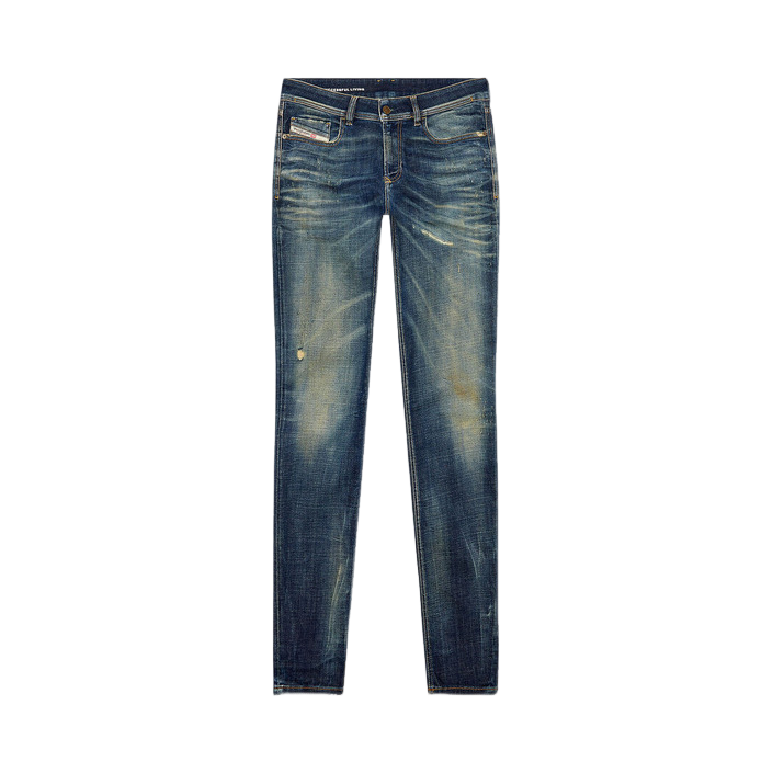 Diesel blue jeans with a raw denim finish, styled flat to show rugged texture and authentic edge — bold design with confident attitude.
