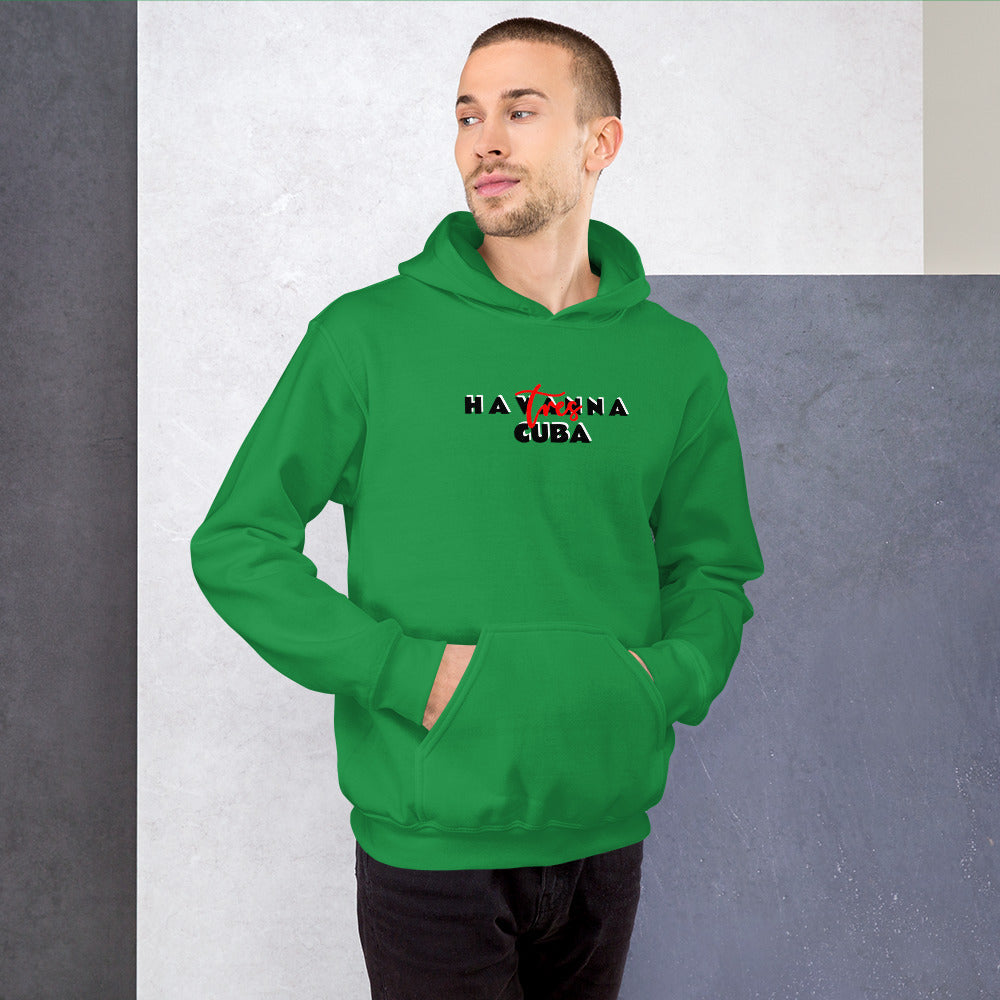Person wearing a green hoodie with 'Hayanna Cuba' text on a gray background