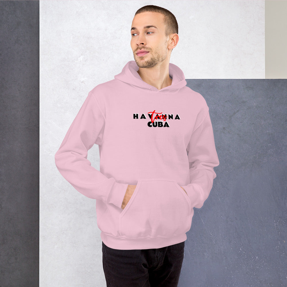 Person wearing a pink hoodie with 'HAVANNA CUBA' text against a gray background