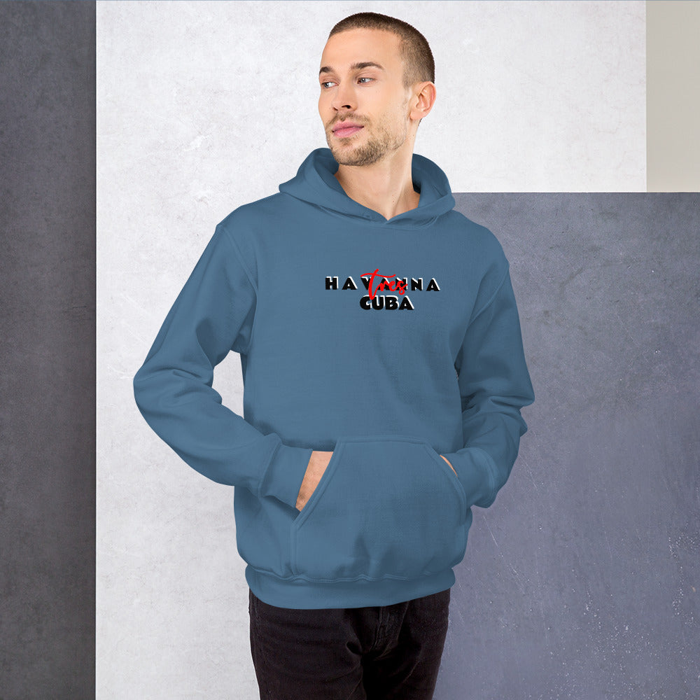 Man wearing a blue hoodie with 'Hayana Cuba' logo against a gray background