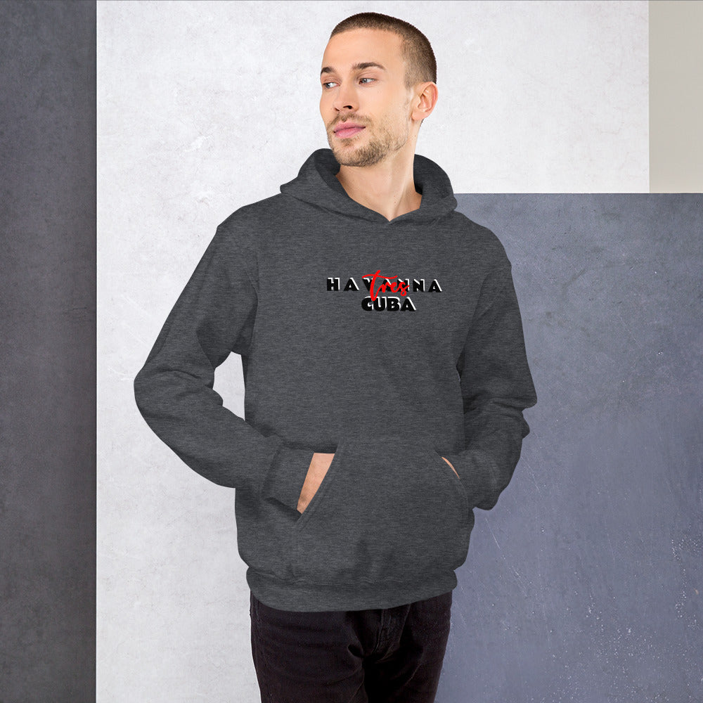 Man wearing a dark gray hoodie with 'Hayanna Cuba' logo against a plain background