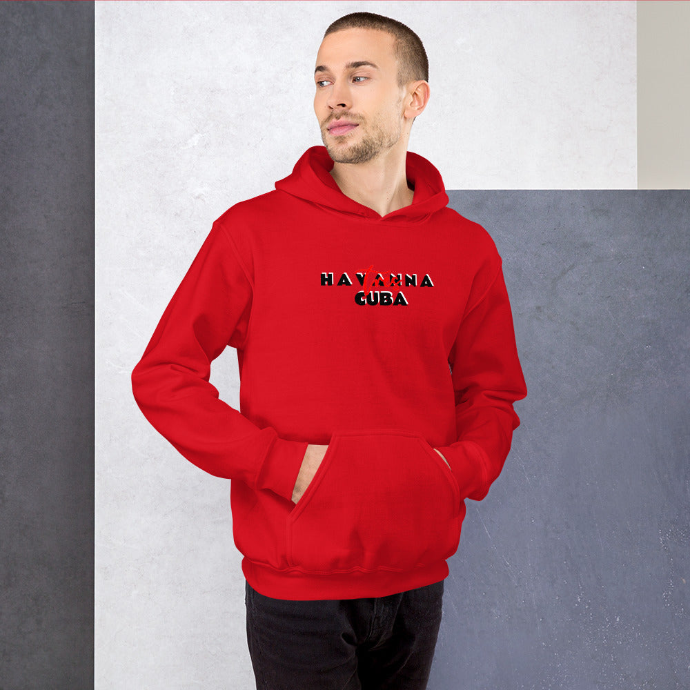 Person wearing a red hoodie with 'Havanna Cuba' text against a plain background