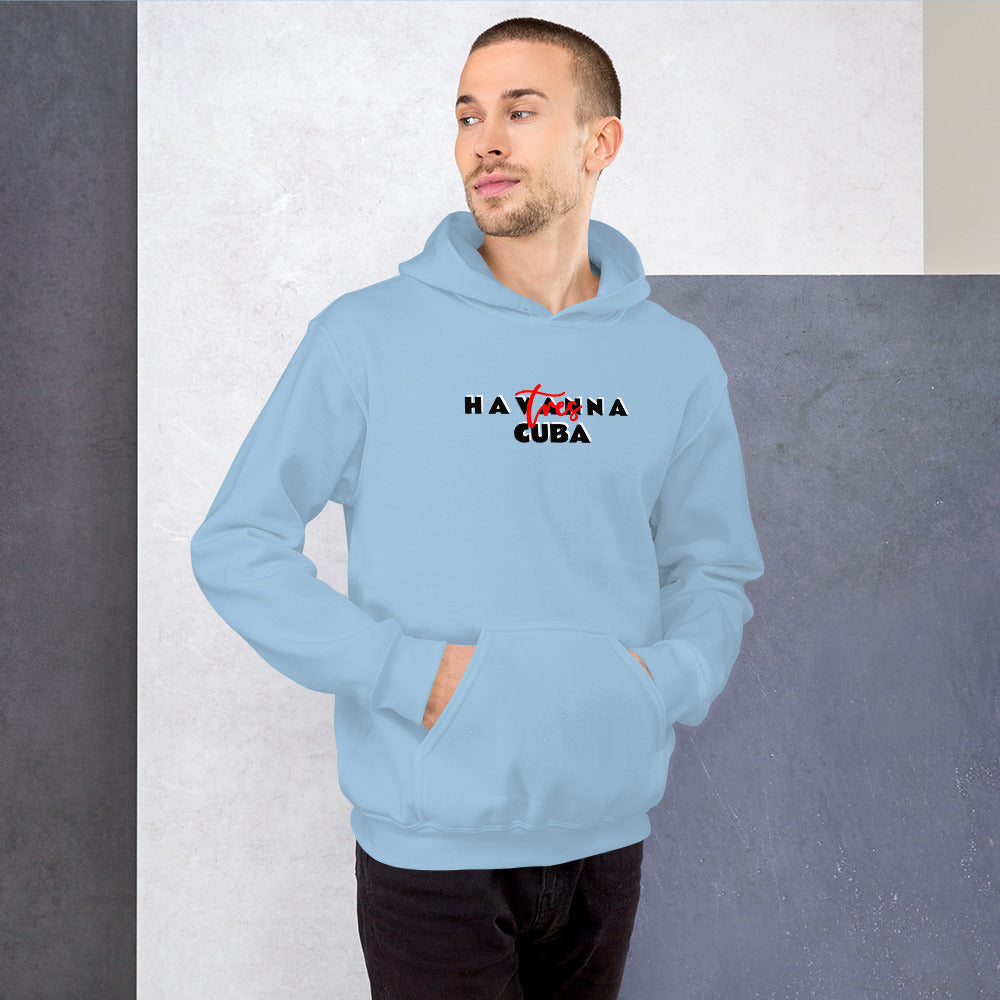 Person wearing a light blue hoodie with 'Havana Cuba' text against a gray background