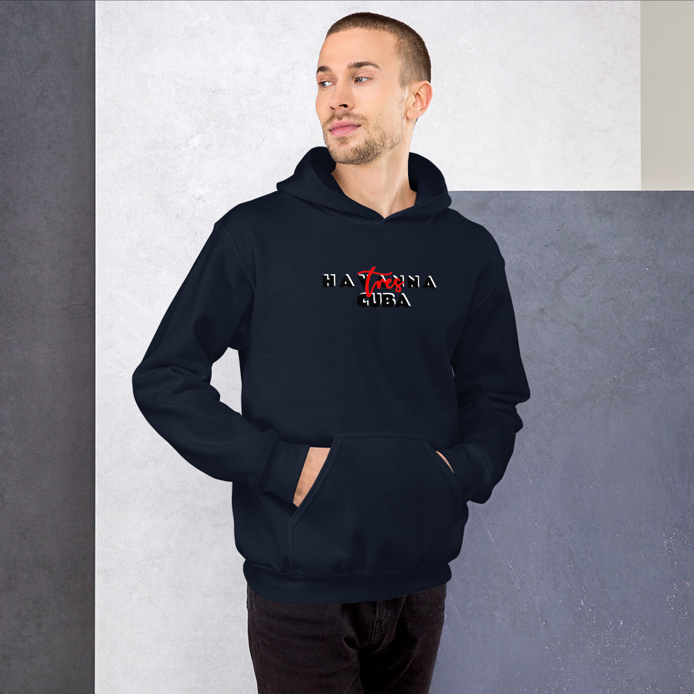 Man wearing a black hoodie with a logo on a gray background