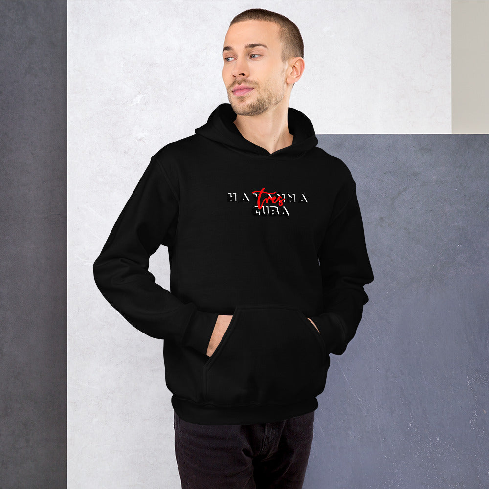 Man wearing a black hoodie with a logo on a gray background
