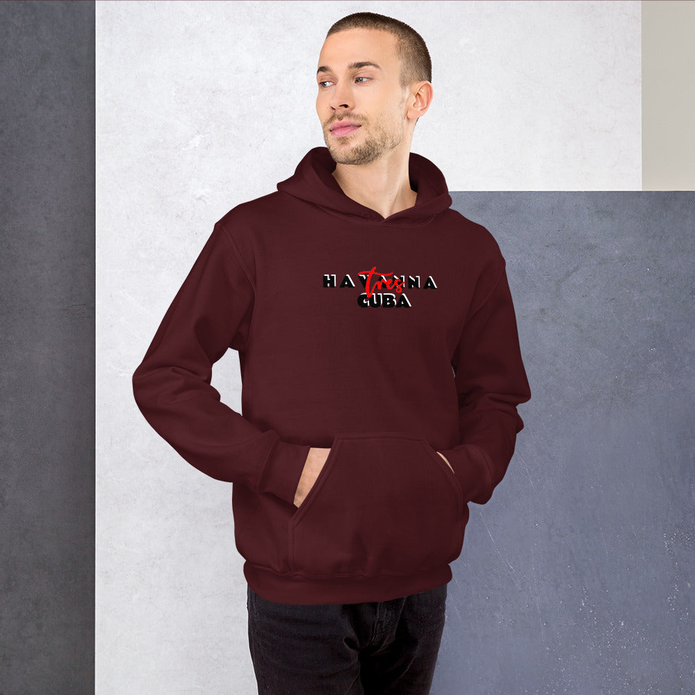 Man wearing a maroon hoodie with 'Havana Cuba' text on a gray background