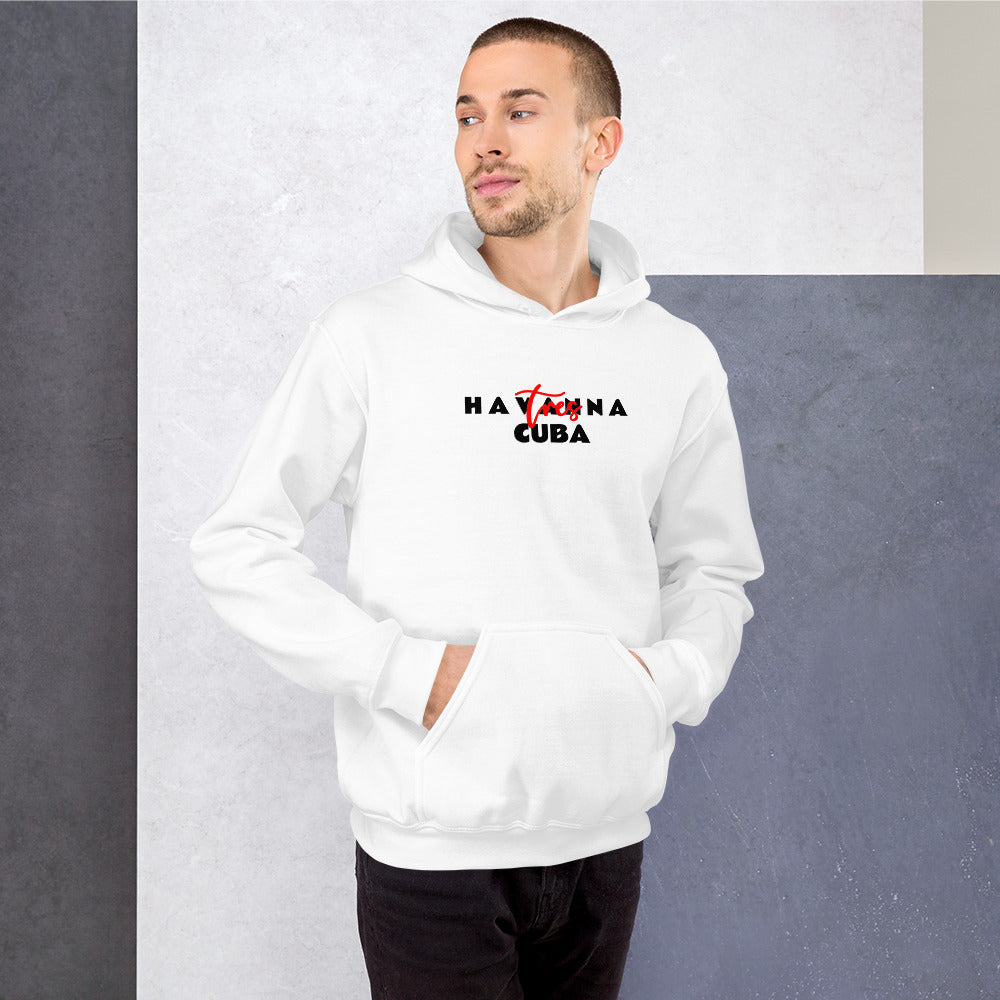 Man wearing a white hoodie with 'Havana Cuba' text against a gray background