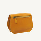 Elegant full-grain calfskin leather shoulder bag with zippered front and back pockets, three compartments, and adjustable strap.