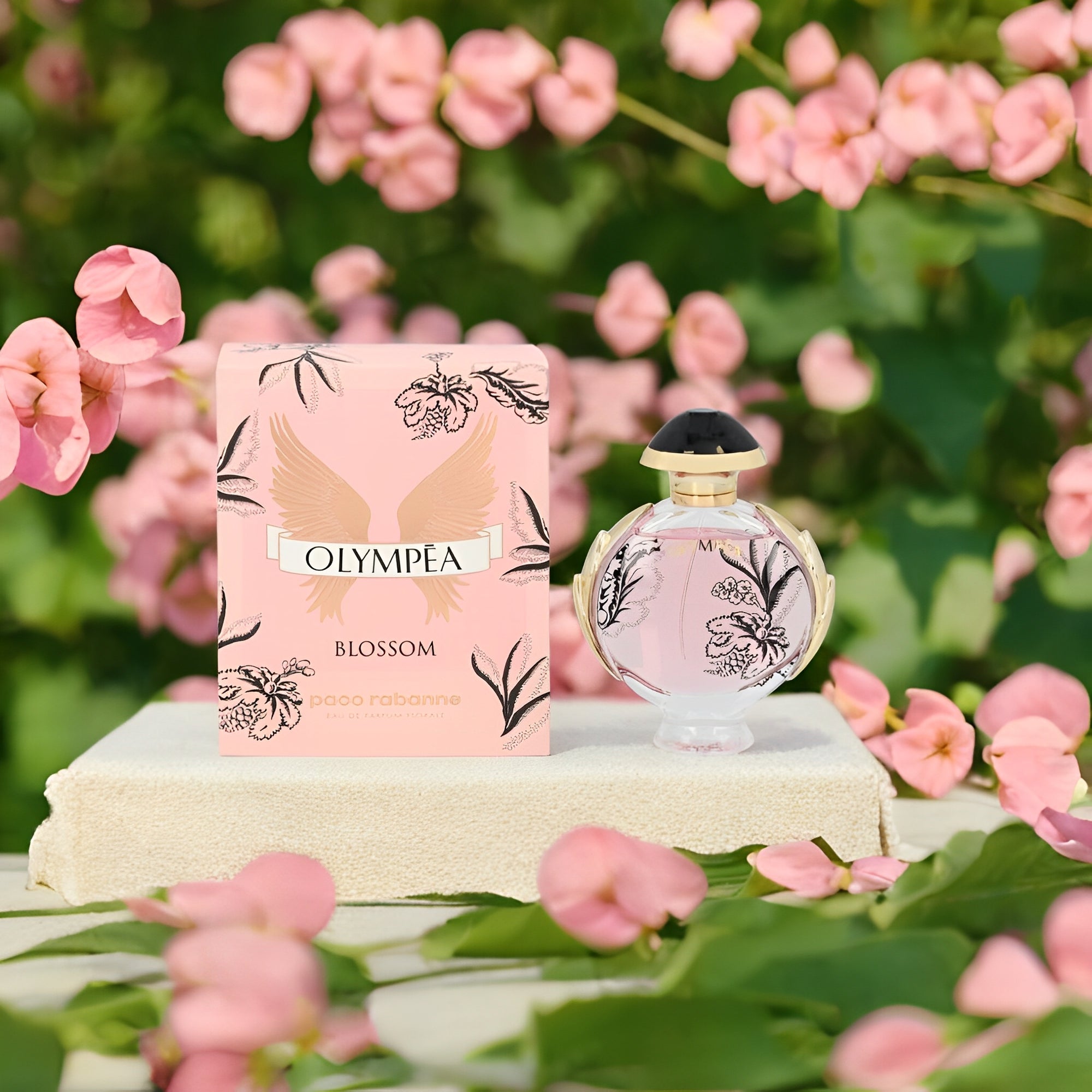 "Paco Rabanne Olympea Blossom 1 oz Eau de Parfum Spray – a radiant and romantic floral-fruity fragrance with notes of damask rose, pink pepper, blackcurrant sorbet, pear, and vanilla. A playful twist on the iconic Olympea."