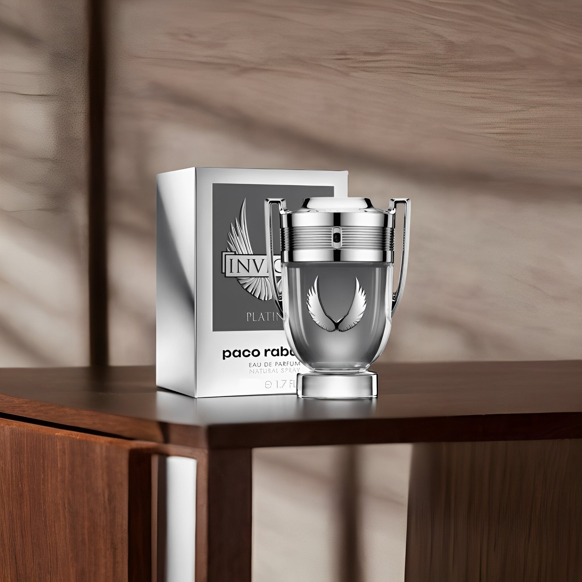 "Paco Rabanne Invictus Platinum 3.4 oz Eau de Parfum Spray – a fresh and intense fougère fragrance for men with notes of grapefruit, mint, lavender, patchouli, and cypress. A bold scent for unstoppable energy and ambition."