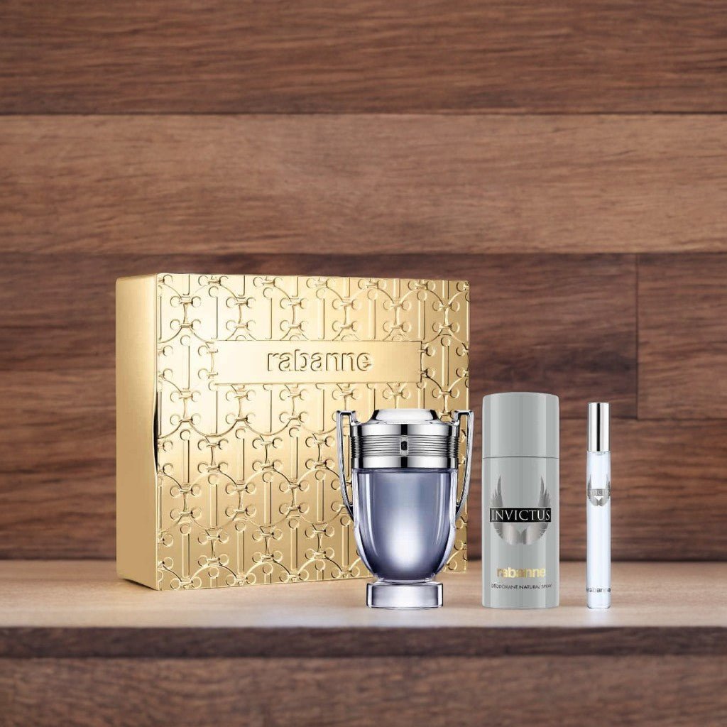 Paco Rabanne Invictus gift set including Eau de Toilette, travel spray, and deodorant — a bold, fresh fragrance with marine, grapefruit, and woody notes for men.