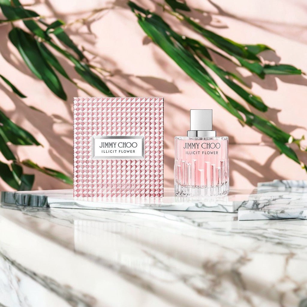 Jimmy Choo Illicit Flower perfume bottle — a fresh and floral fragrance capturing modern femininity with radiant, flirtatious charm.