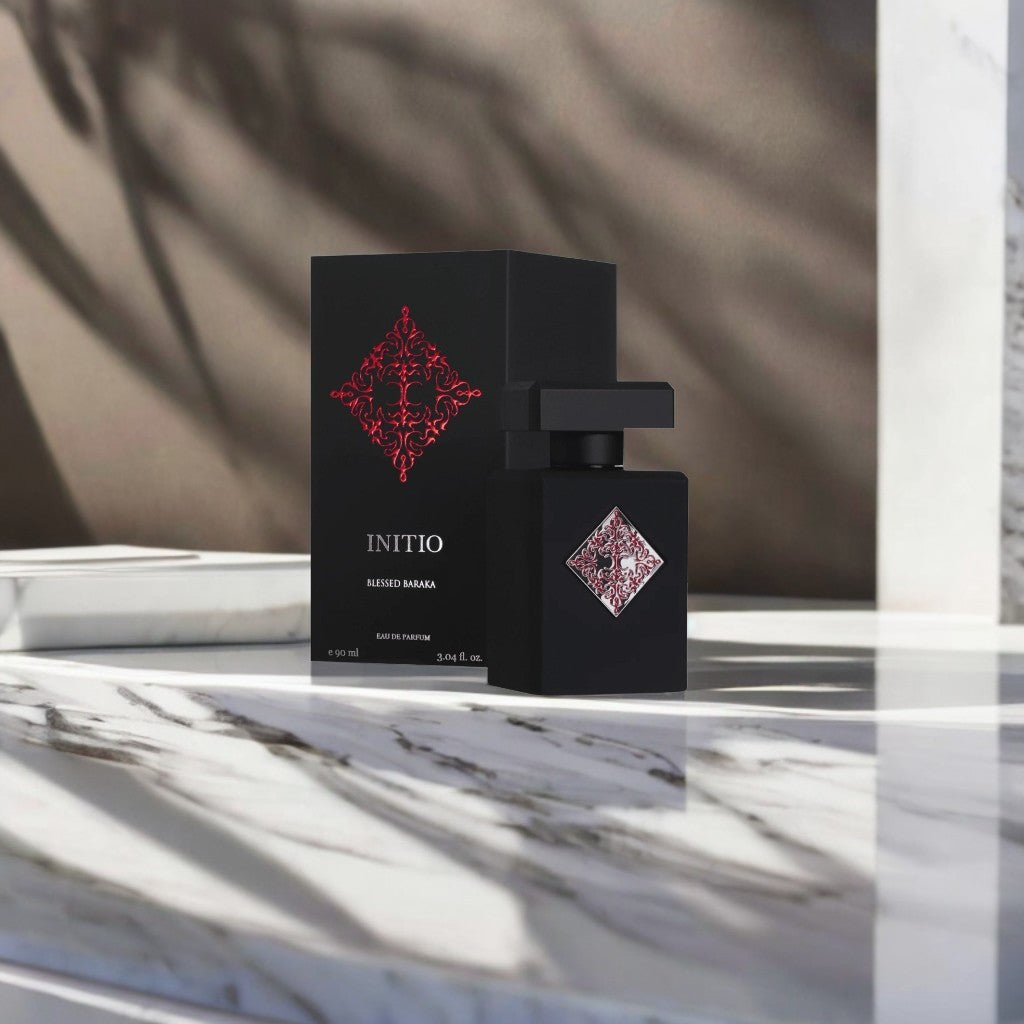 "Initio Parfums Privés Blessed Baraka 3.04 oz Eau de Parfum spray – intense, warm and sensual amber-woody fragrance in a luxurious black and gold bottle."