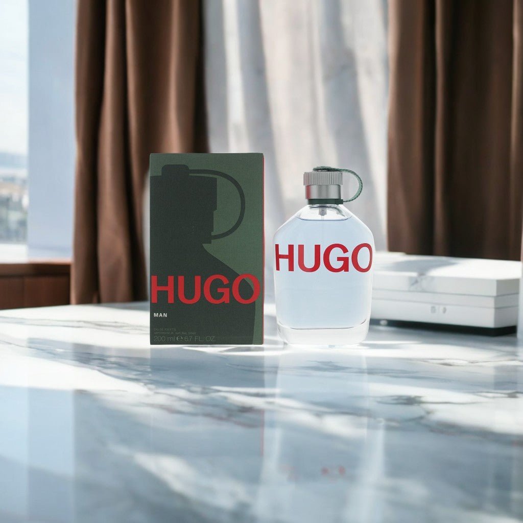 "HUGO BOSS GREEN 6.8 oz Eau de Toilette Spray for Men – sleek transparent bottle with green cap and red branding"
