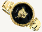 Versace VECO03122 Palazzo Empire ladies watch with 3D Medusa head on the dial, black case and strap, and bold gold-tone accents.