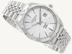 Roamer Amalfi Gents watch with full silver stainless steel strap, silver stone-set dial, and sapphire glass, Swiss made.