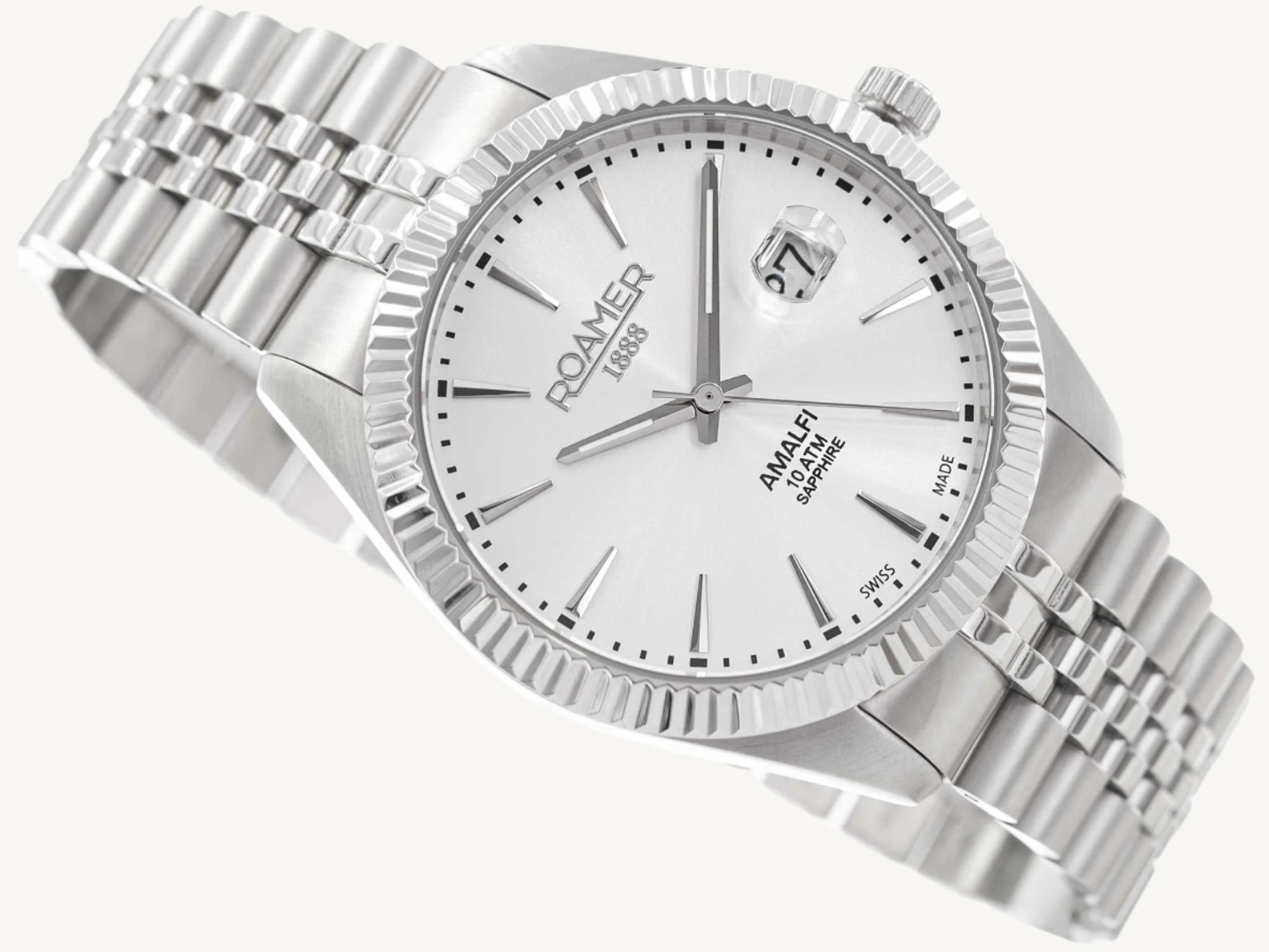 Roamer Amalfi Gents watch with full silver stainless steel strap, silver stone-set dial, and sapphire glass, Swiss made.