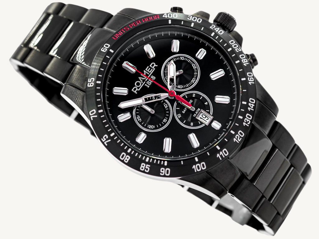 Roamer Rimini men’s chronograph watch with black dial, grey and black stainless steel strap, tachymeter and stopwatch function, Swiss made.