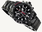 Roamer Rimini men’s chronograph watch with black dial, grey and black stainless steel strap, tachymeter and stopwatch function, Swiss made.
