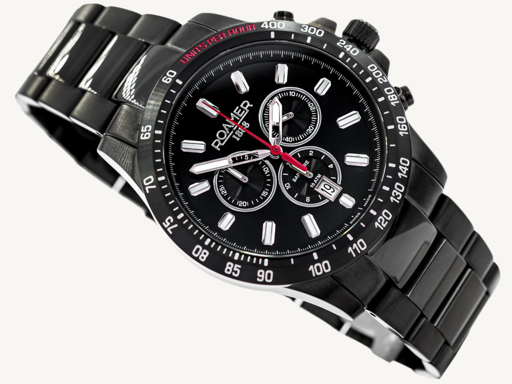 Roamer Rimini men’s chronograph watch with black dial, grey and black stainless steel strap, tachymeter and stopwatch function, Swiss made.