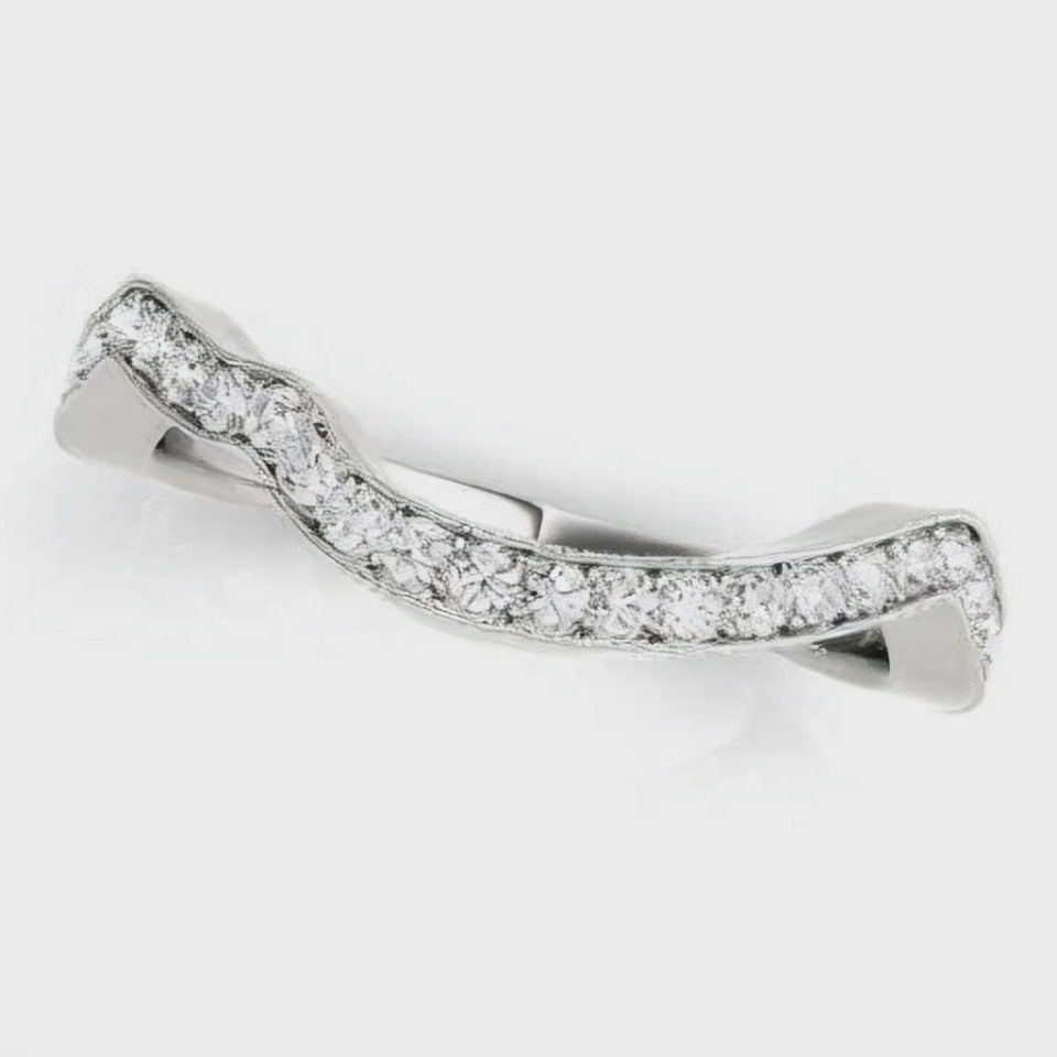 14K White Gold Milgrained Curve Style Diamond Wedding Band (1/5 cttw) – A delicate and elegant curved wedding band featuring a milgrain design with sparkling diamonds set in 14K white gold, perfect for stacking or wearing alone.