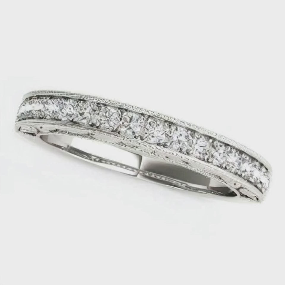 14K White Gold Antique Prong Set Diamond Wedding Ring (1/3 cttw) – A vintage-inspired wedding band featuring prong-set diamonds in 14K white gold, designed with intricate detailing for a timeless and elegant look.