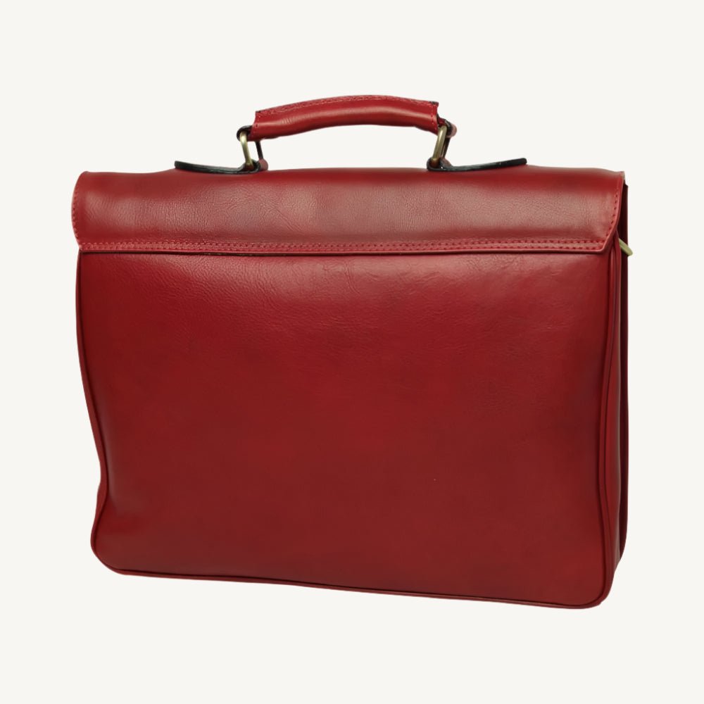 "Stylish leather messenger bag featuring synthetic lining, a laptop compartment, phone pocket, pen holders, external zip pocket, clasp flap closure, and adjustable removable shoulder strap with pad."