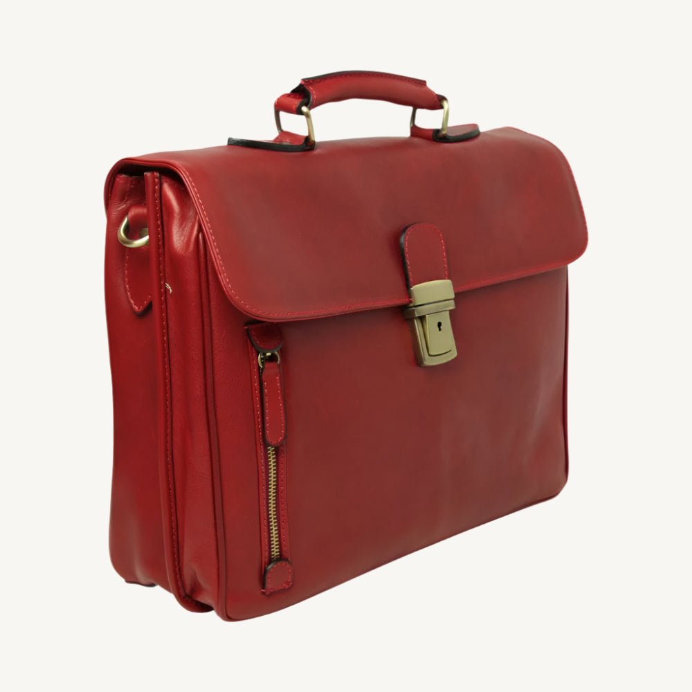 "Stylish leather messenger bag featuring synthetic lining, a laptop compartment, phone pocket, pen holders, external zip pocket, clasp flap closure, and adjustable removable shoulder strap with pad."