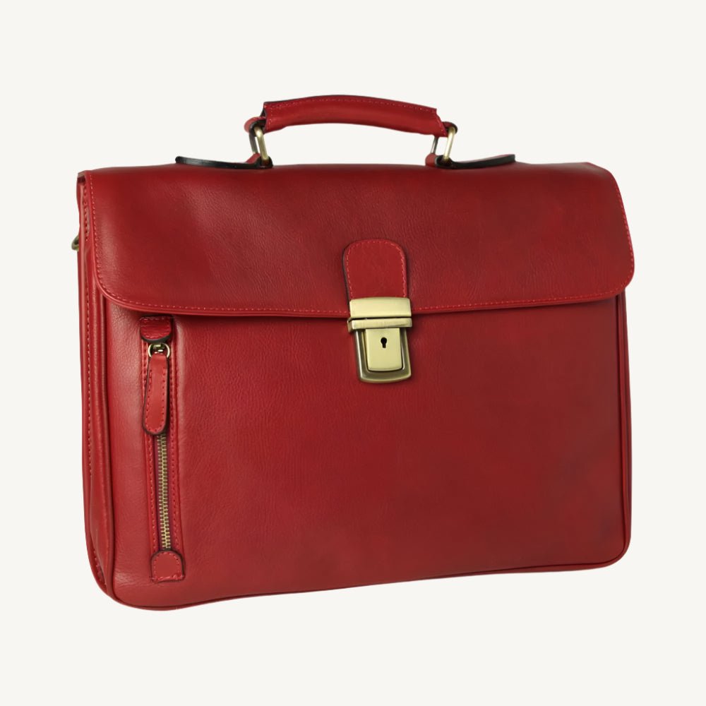 "Stylish leather messenger bag featuring synthetic lining, a laptop compartment, phone pocket, pen holders, external zip pocket, clasp flap closure, and adjustable removable shoulder strap with pad."