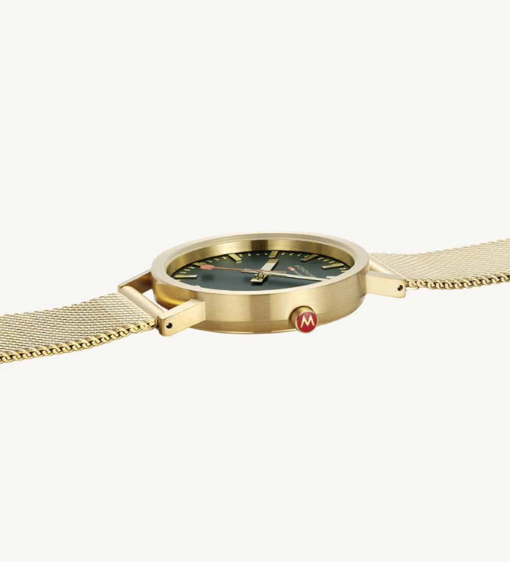 Mondaine A660.30314.60SBM Classic Swiss Railways ladies watch with matte gold-tone stainless steel case and bracelet, green dial, mineral glass – elegant Swiss-made timepiece for women.