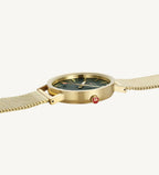 Mondaine A660.30314.60SBM Classic Swiss Railways ladies watch with matte gold-tone stainless steel case and bracelet, green dial, mineral glass – elegant Swiss-made timepiece for women.