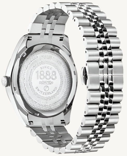Roamer Amalfi Gents watch with full silver stainless steel strap, silver stone-set dial, and sapphire glass, Swiss made.