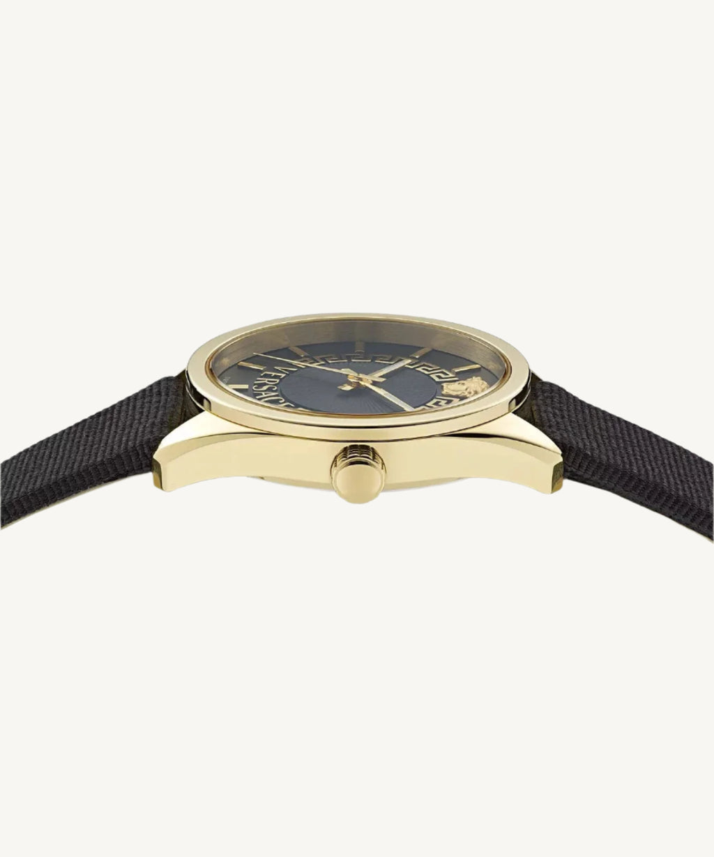 Versace VE8A00224 V-Circle ladies watch with silver-tone dial, gold-tone stainless steel mesh bracelet, and Greca pattern detailing.