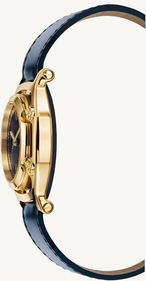 Versace VEVF00820 Medusa Frame ladies watch set featuring a gold-tone watch with Medusa logo, interchangeable bezels, and luxury gift packaging.