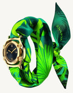 Versace VEVF00820 Medusa Frame ladies watch set featuring a gold-tone watch with Medusa logo, interchangeable bezels, and luxury gift packaging.