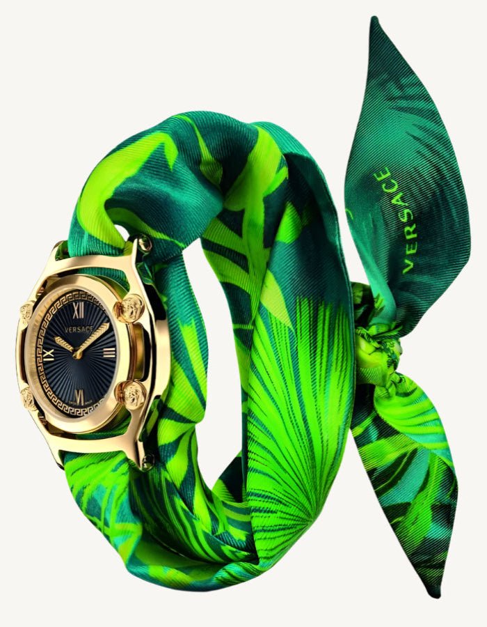 Versace VEVF00820 Medusa Frame ladies watch set featuring a gold-tone watch with Medusa logo, interchangeable bezels, and luxury gift packaging.