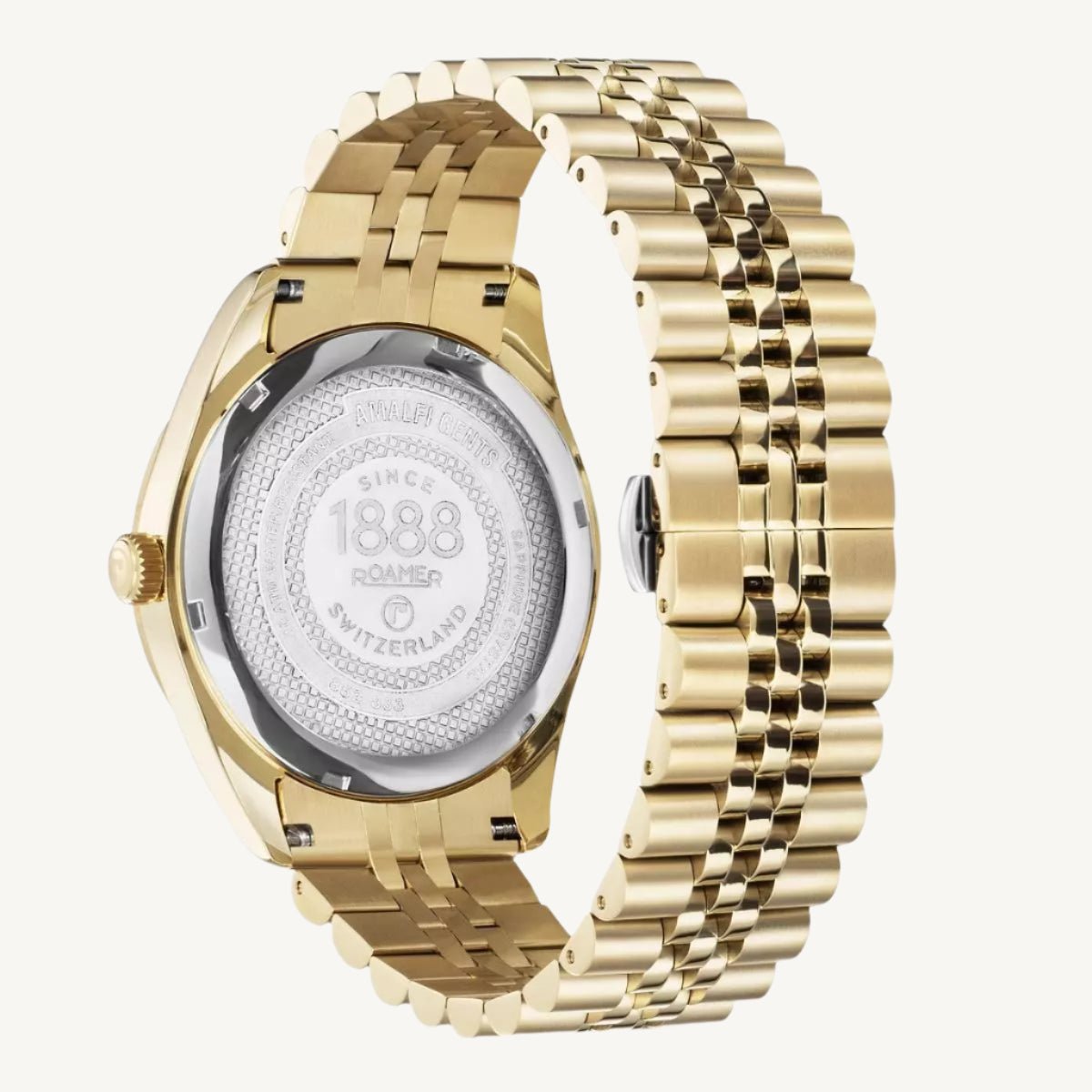 Elegant Roamer Amalfi ladies watch with gold-tone stainless steel strap, green dial set with stones, and sapphire glass.
