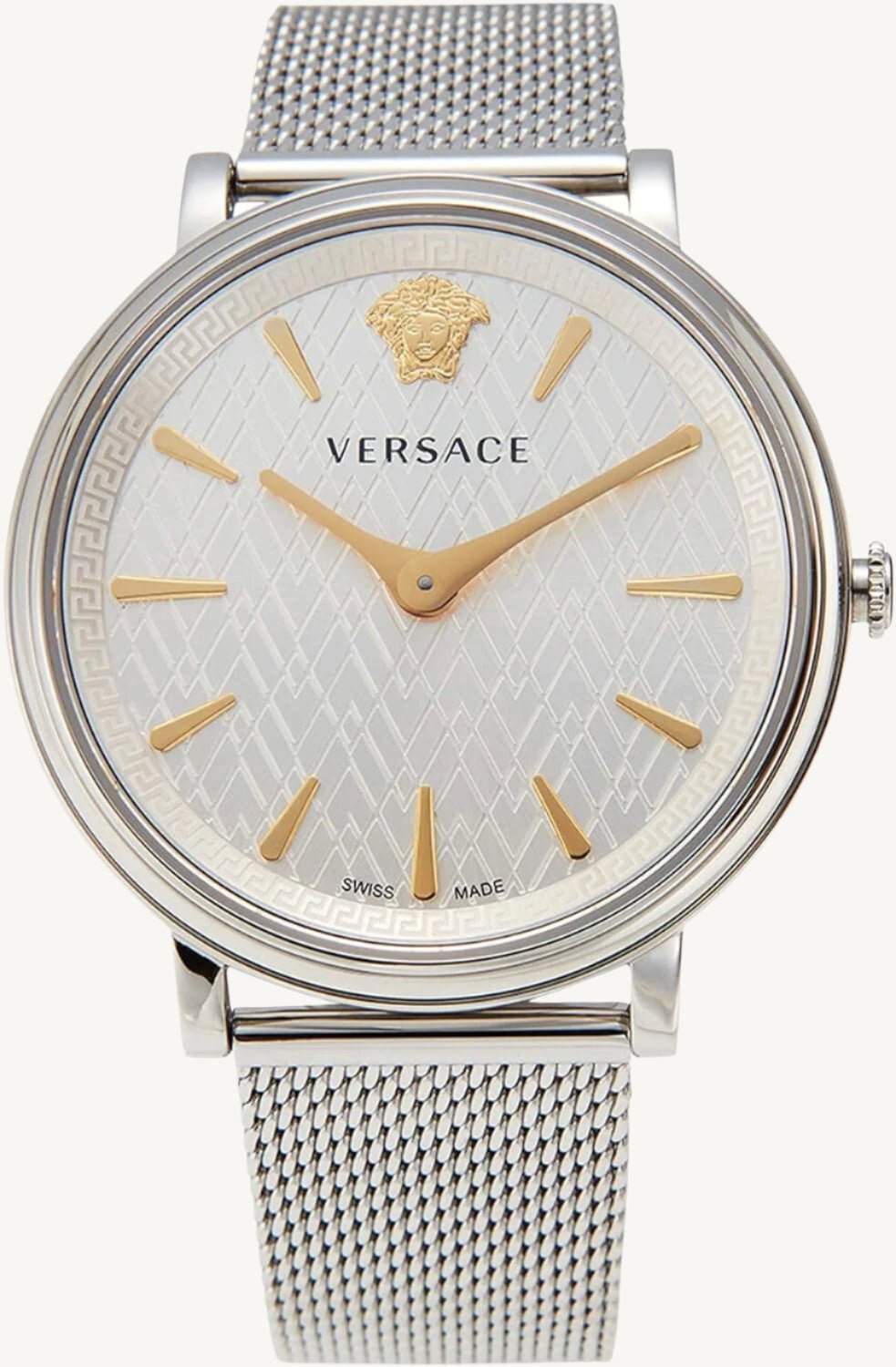 Stylish Versace VE8100519 V-Circle ladies watch featuring a sleek gold-tone case, white dial, and premium leather strap – luxury timepiece for women.